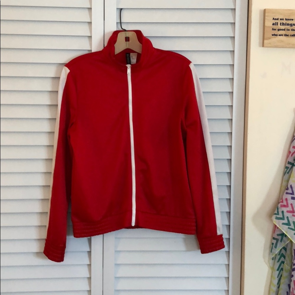 Red and white zip up jacket